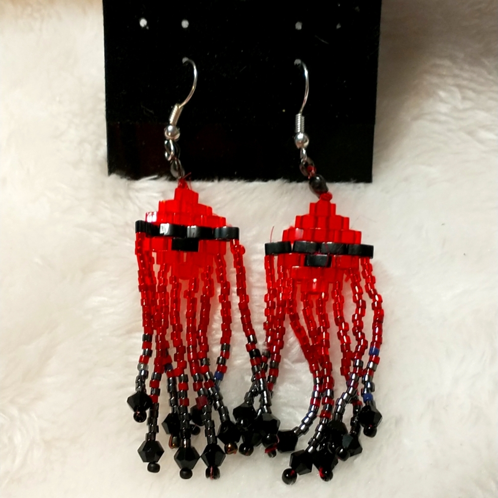 Red and Black beaded dangle earrings -3 inches.